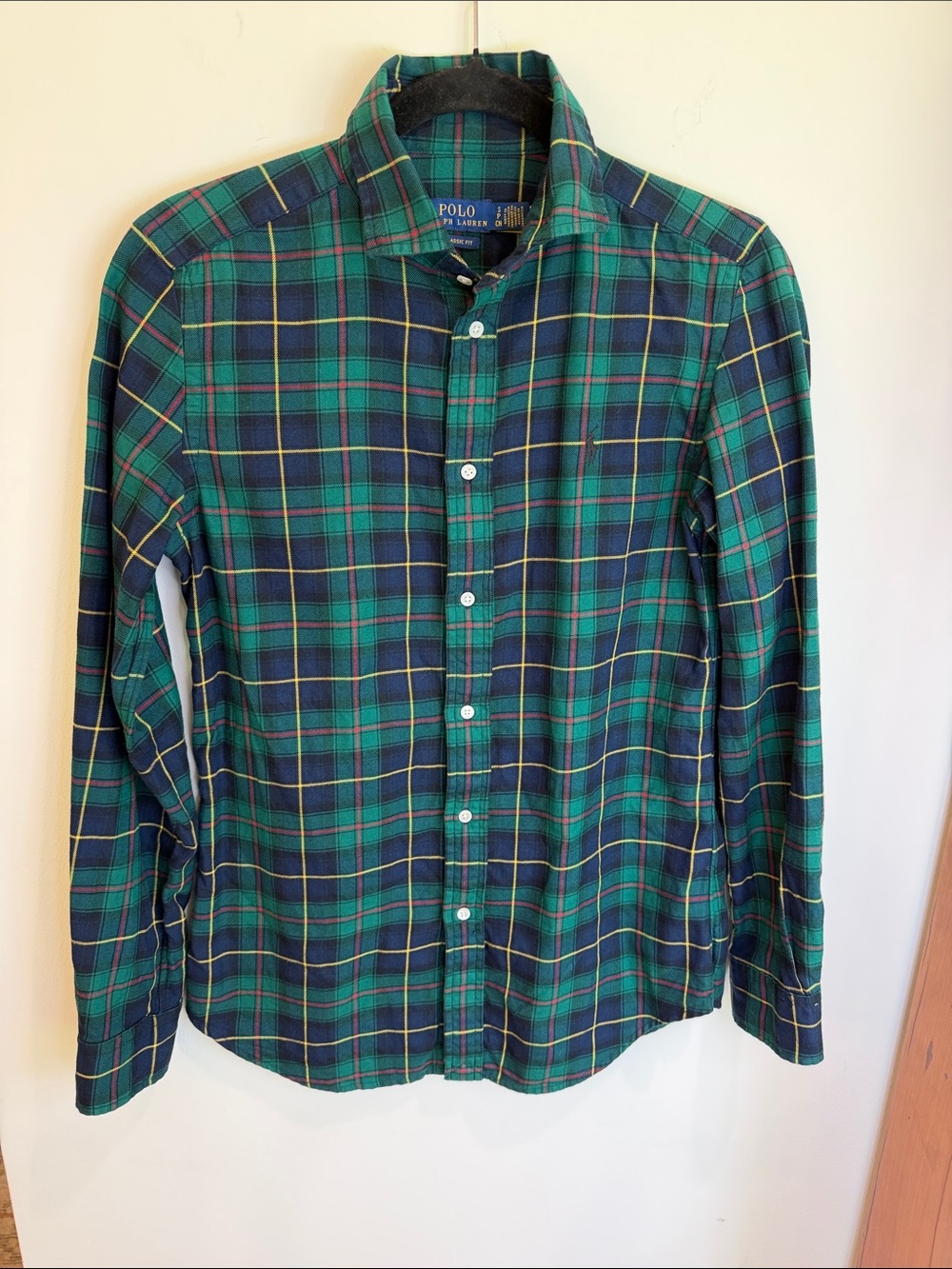 Polo by Ralph Lauren Green & Navy Plaid Tartan Classic Fit Button-Down Shirt, S